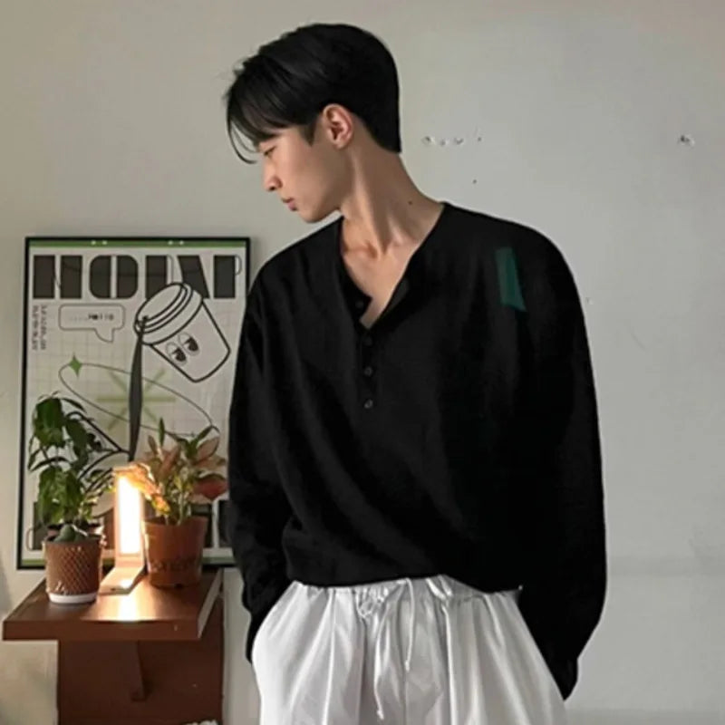 sanyamk  -   New Fashion Men's T-shirts Button Long Sleeve Autumn Menwear Pullover Solid Color Male Clothing Trendy Autumn Simple 9C7800