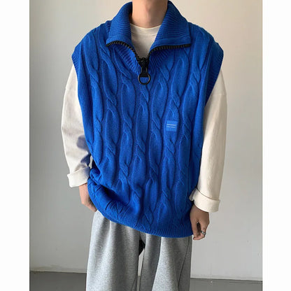 Bonsir Autumn Short Sweater Vest Men Fashion Casual Lapel Knit Pullover Men Korean Loose Zipper Sleeveless Sweater Mens Jumper Clothes