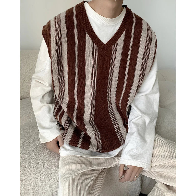 sanyamk Korean Fashion Winter V-neck Mens Sweater Vest Sleeveless Trend Personality Loose Casual College Mens Vintage Knitted Vest V18