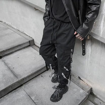 sanyamk Techwear Cargo Pants Men Joggers Black Cargo Trousers for Men Jogging Japanese Streetwear Hip Hop Hippie Gothic Ribbon