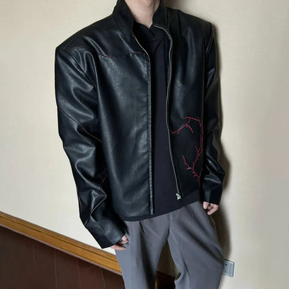 sanyamk Mens Thorn Three-Dimensional Embroidery Pu Leather Jacket Autumn Y2k Streetwear Fashion Versatile Jacket Men'S Clothing 2024