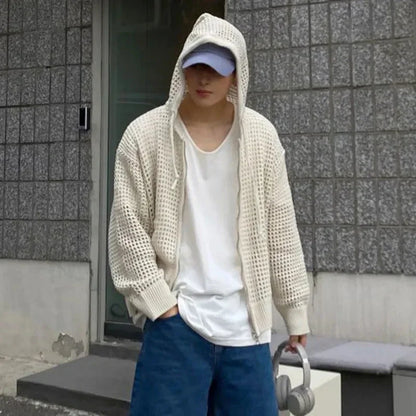 sanyamk Vintage Knit Mesh Coat for Men Hole Hooded Cardigan Long Sleeve Tee Male Casual Autumn Japanese Streetwear Hip Hop