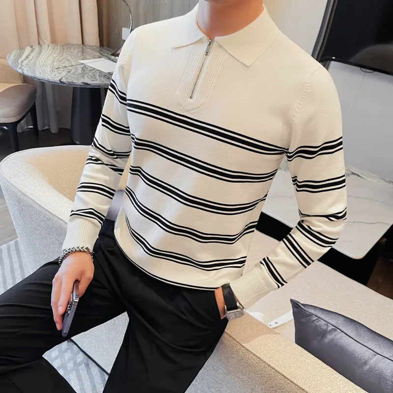 Bonsir Fall Men's Lapel Striped Color Long-sleeved Sweater Knit Men's Slim-fit Casual Pullover Half Zip Collar Men's Sweater Streetwear