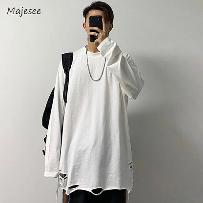 sanyamk Long Sleeve T-shirts Men Solid Loose Distressed Hole Spring Autumn High Street Broken O-neck American Style Teenagers Youthful