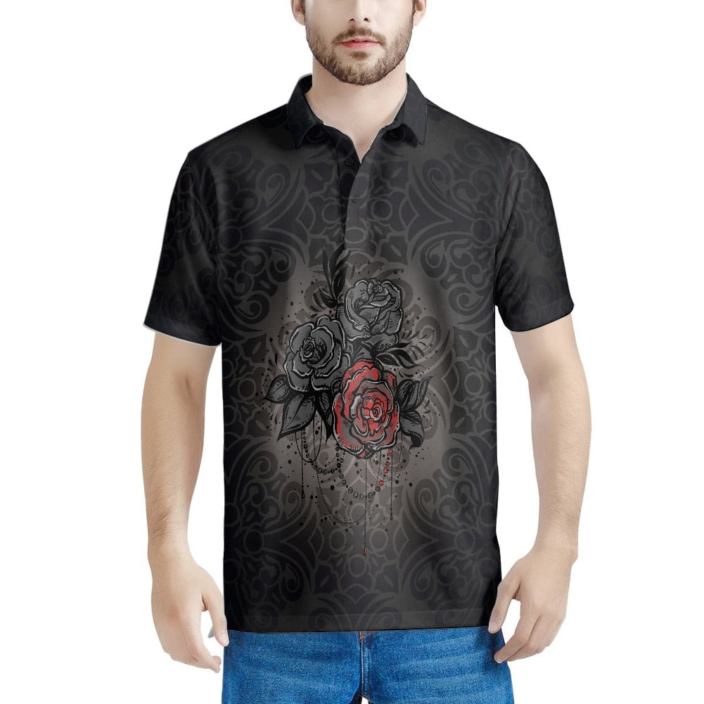 sanyamk Gothic Rose Pattern 2022 Summer Casual Polo Shirt Men Short Sleeve Turn Down Collar Slim Fit Holiday Beach Party Eye-catching