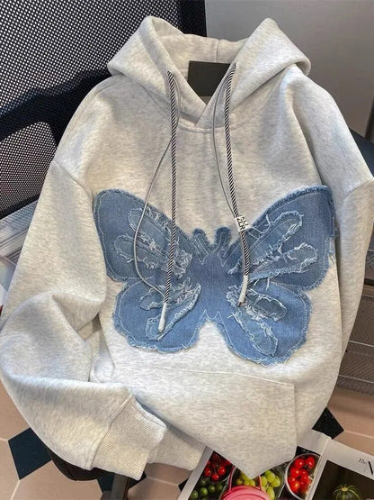 sanyamk Hiphop Vintage Butterfly Hoodie Fashion Women Denim Patch Fried Street Autumn Winter Plush Versatile Couple Sweatshirt Chic