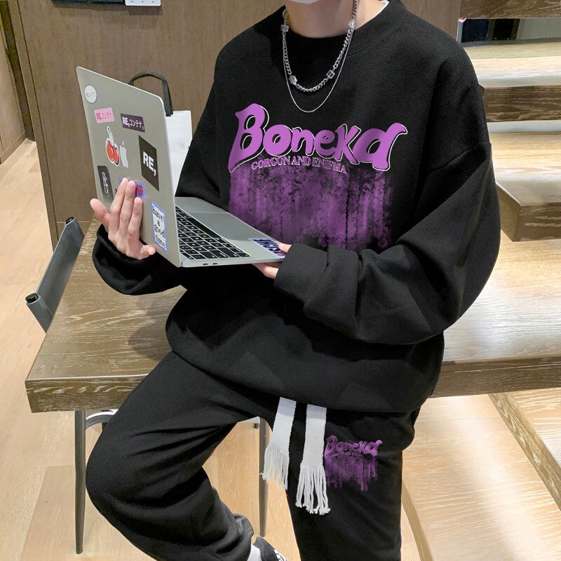 Bonsir Men's Graffiti Letter Printed Sweatshirt Sets Streetwear Oversized Casual Two Piece Tops Pants Suit Male 5XL Clothing