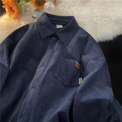 sanyamk  -  Korean Fashion Long Sleeve Corduroy Sweatshirts Men Clothing Retro Spring and Autumn Casual Turn Down Collar Shirts