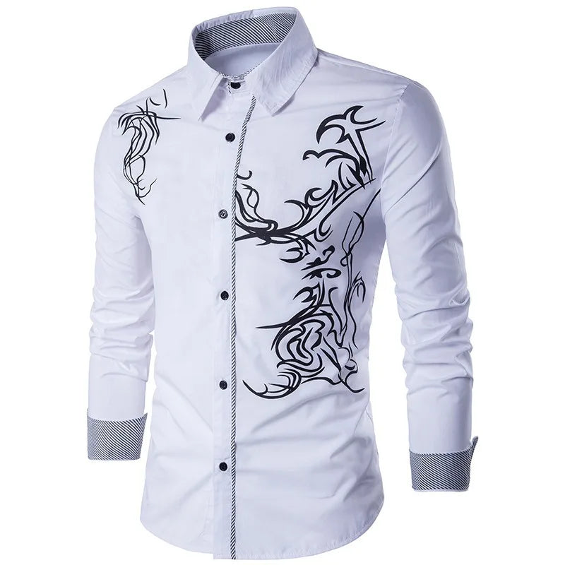 sanyamk Ethnic Style Printed Shirt Men's Long-sleeved Shirt Spring and Autumn White Lapel Business T-shirt Polyester Top Clothes for Men