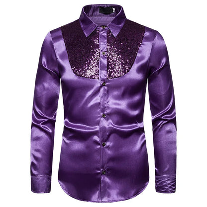 sanyamk Men's Shirt Sequin Lapel Solid Color Slim Fitting Business Casual For Wedding Banquet Performance Men Suit Long Sleeved Shirt