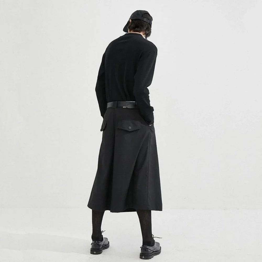 Bonsir Mens Dark Style Casual Solid Color Culottes Genderless Fashion Youth Trend Street Loose Cropped Wide Leg Trousers Unisex