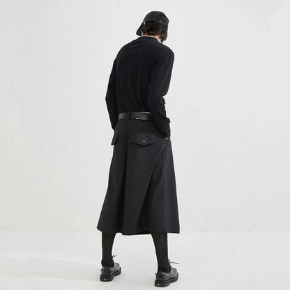 Bonsir Mens Dark Style Casual Solid Color Culottes Genderless Fashion Youth Trend Street Loose Cropped Wide Leg Trousers Unisex