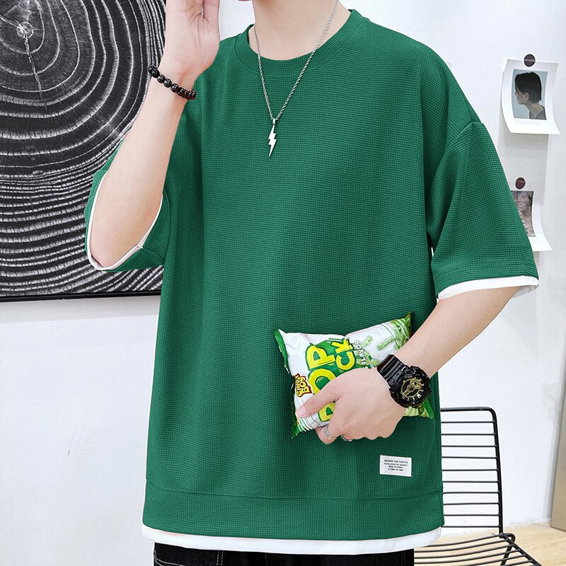 sanyamk Casual Men's Waffle Short-Sleeved T-Shirt Men's 2022 Summer New Simple Loose T-Shirt Fashion Round Neck Quick-Drying Men's Top