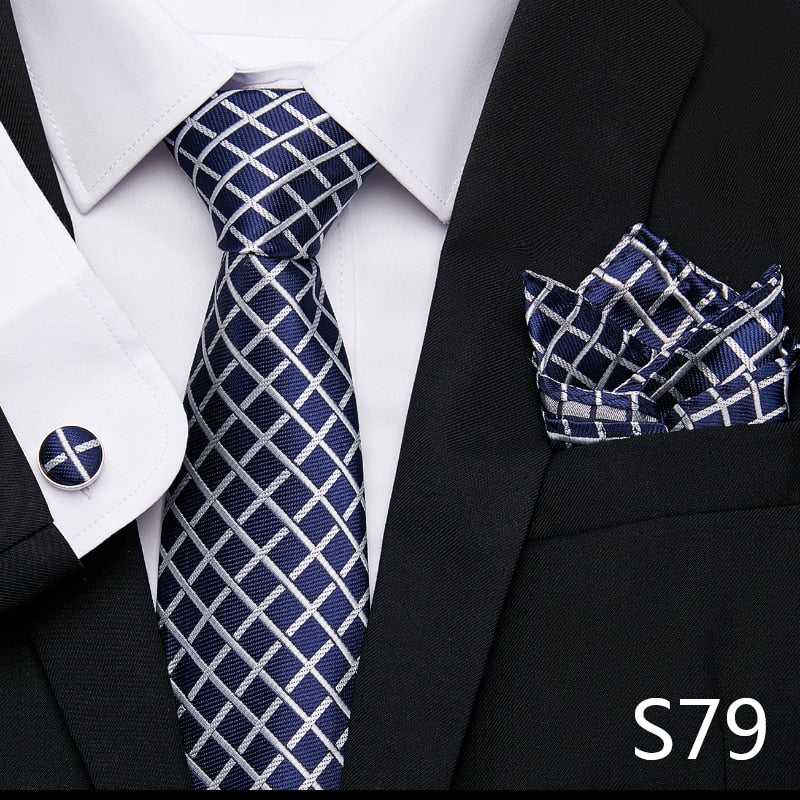 sanyamk Newest design Silk Festive Present Tie Handkerchief Cufflink Set Necktie Man's Plaid Yellow Shirt Accessories