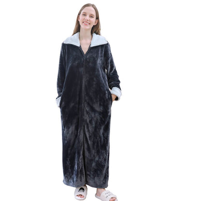 Bonsir Autumn Winter Flannel Zipper Robes for Women Couples Night Dress Fashion Warm Big Lapels Kimono Lengthen Thicken Dressing Gown