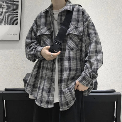 sanyamk Mens Shirt Fashion Harajuku Plaid Long Sleeve Tops Spring Autumn Vintage Jacket Trend Streetwear Oversized Male Clothing B75