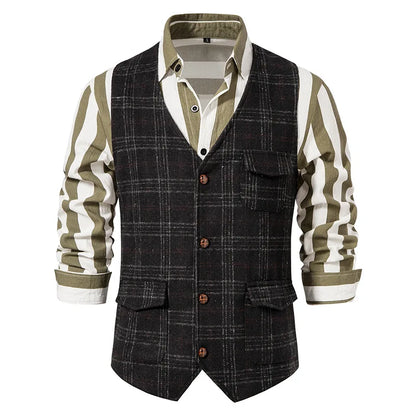 sanyamk Men's Suit Vest Single Breasted Retro Tweed Amikaki Plaid Business Daily Casual Vest