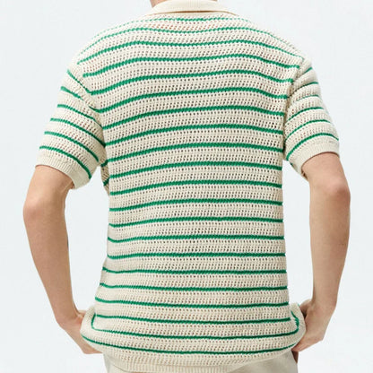 sanyamk Sweater Shirts Men Knitted Short Sleeve Turn-down Collar Button Knit Shirt Mens Summer Vintage Striped Knitting Cardigan Shirts