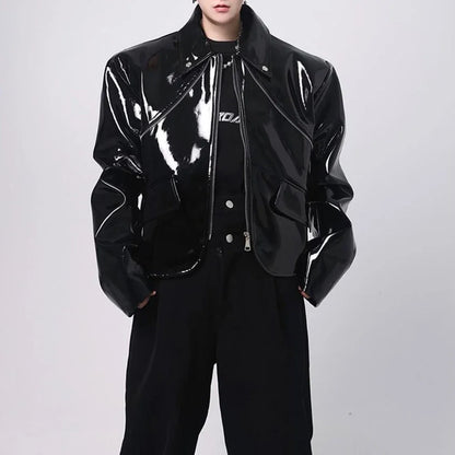 sanyamk Mens Jacket Shiny Leather Jacket Handsome Performance Stage Outfit Autumn Elegant British Excellent Patent Leather Jacket