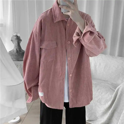 Bonsir Corduroy Men's Autumn Spring Korean Loose Japanese Long-sleeved Shirt Turn-down Collar Top Retro Baseball Tops