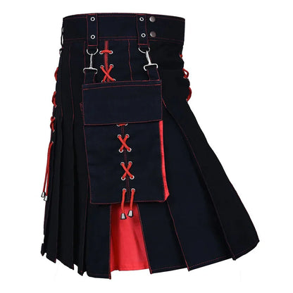 sanyamk Mens Pocket Tie Rope Scottish Skirt 2024 New Genderless Casual Fashion Medieval Retro Steampunk Contrast Color Skirt Unisex