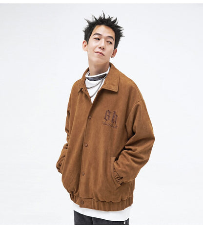 sanyamk American Baseball Uniform Retro Embroidery Lapel Jacket Men's Autumn Loose Casual Suede Coats High Street Youth Motor Clothing