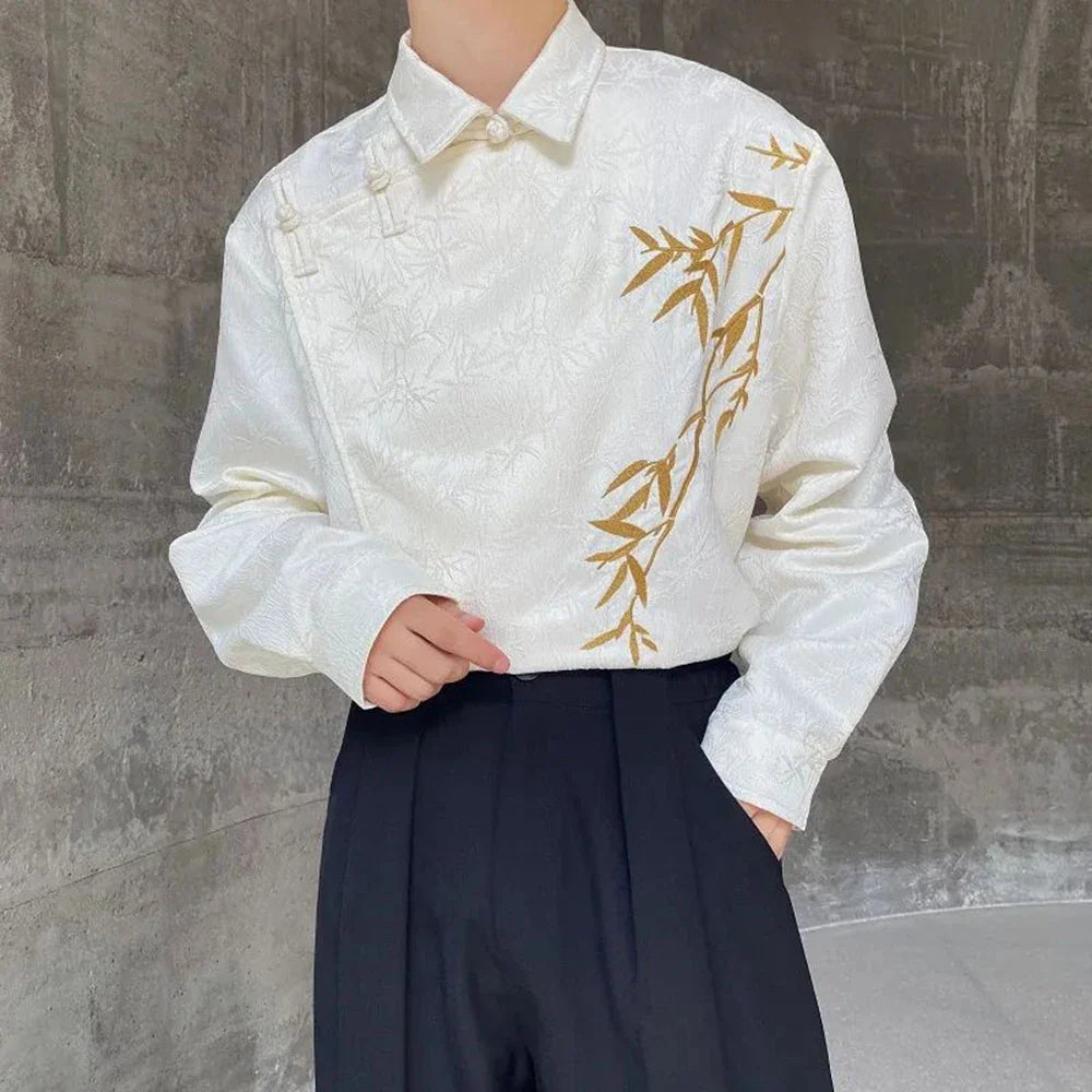 sanyamk Mens Chinese Jacquard Bamboo Embroidered Cheongsam Button Shirt Autumn Winter Genderless Retro Satin Long Sleeve Shirt Unisex