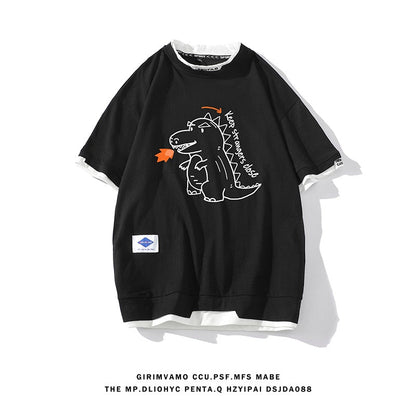 sanyamk Summer T-shirts Men Dinosaurs Print Short Sleeve T-shirt Fire Dinosaurs Men's High Quality Loose Cotton Hip Hop Top Tees 5XL