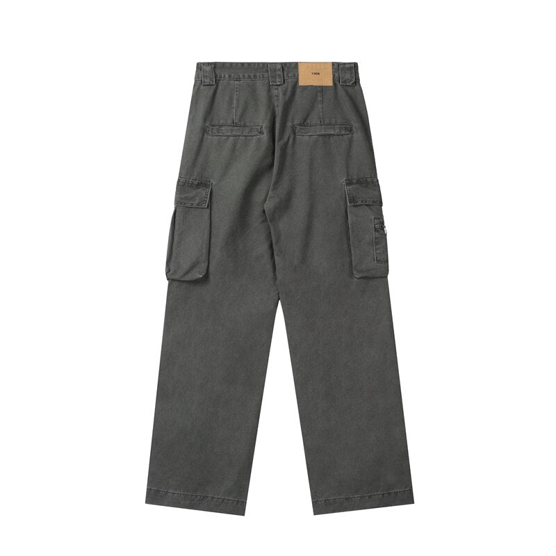 Bonsir Retro Multi-pockets Streetwear Wide Leg Casual Men's Cargo Pants Solid Color Straight Harajuku Hip Hop Loose Trousers Overalls