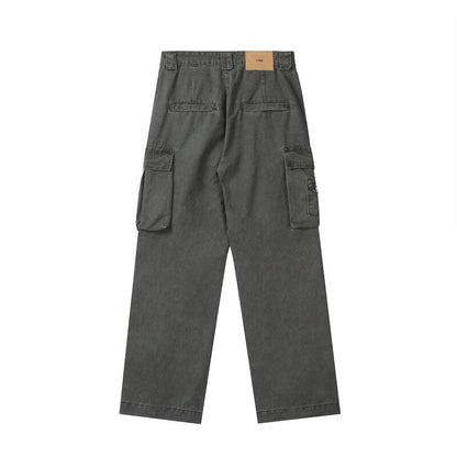 Bonsir Retro Multi-pockets Streetwear Wide Leg Casual Men's Cargo Pants Solid Color Straight Harajuku Hip Hop Loose Trousers Overalls