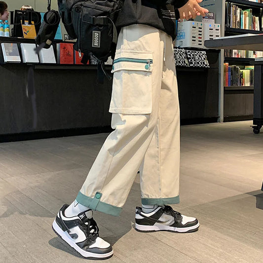 sanyamk Spring Autumn Casual Print Patchwork Cotton Wide Leg Pants Man Loose Y2k Pocket Hip Hop Cargo Straight Male Trousers Streetwear