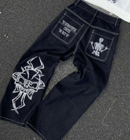 sanyamk Skull Print Jeans Men Women American High Street Harajuku Y2K Trousers Loose Casual Pants Straight Oversized Jeans