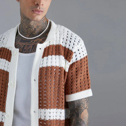 sanyamk Fashion Striped Patchwork Men's Knit Shirts 2024 Summer Short Sleeve Turndown Collar Button Shirt Men Clothes Casual Knitted Top