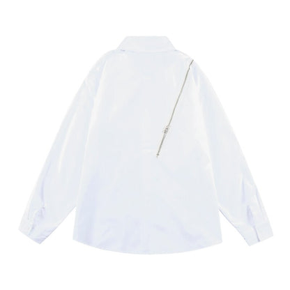 sanyamk Harajuku Zipper Decorate White Black Long Sleeve Men's Autumn Shirts Retro Streetwear Spliced Oversized Loose Couple Tops