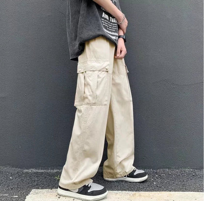 Bonsir Japanese work pants men's summer thin large pocket straight tube cityboy fashion fried Street handsome floor length pants mens