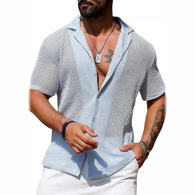 sanyamk Summer Short Sleeve Thin Knit Polos Tops Man Turn Down Collar Casual Daily Tee Shirt 2024 Sexy Hollow Out Male Button Polos