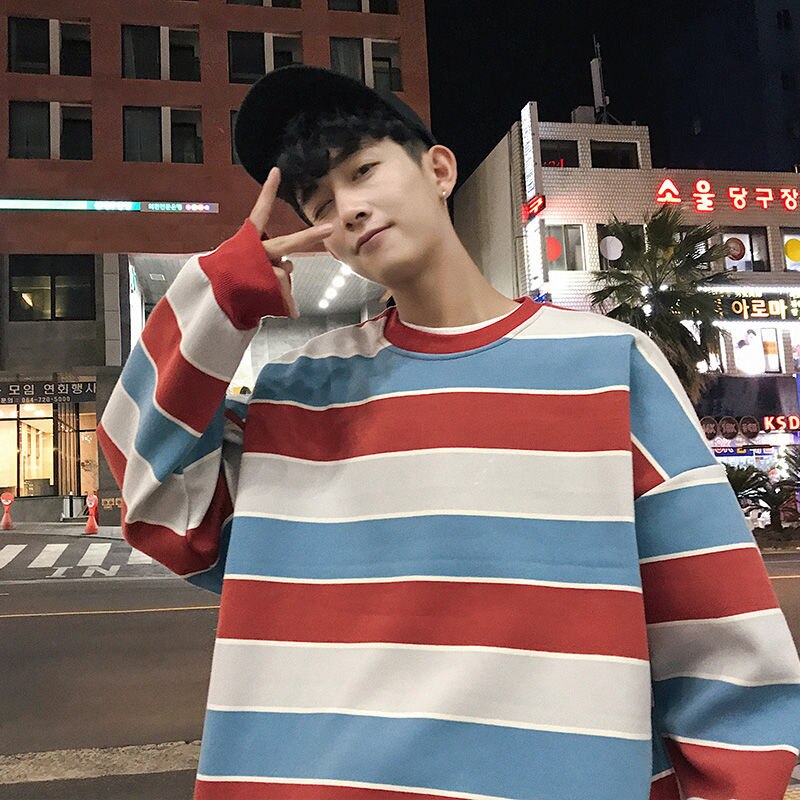 Bonsir Spring New Men Stripe Sweatshirts Oversized Korean Clothing Hoodies Fashion Unisex Pullovers Casual Tops Streetwear