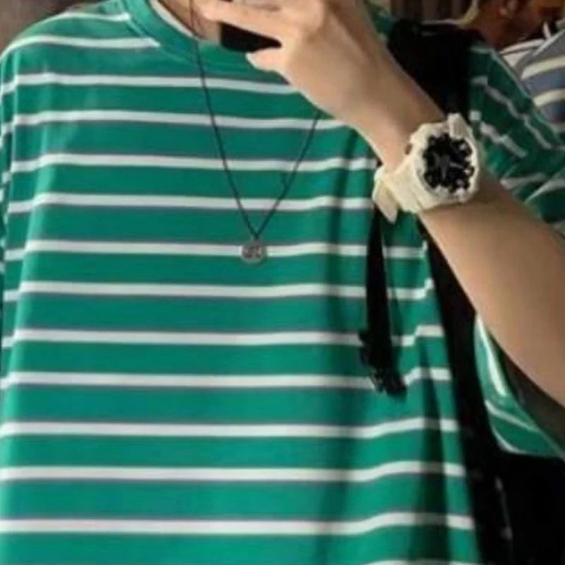 sanyamk  -  Striped Straight Pullovers Oversized Plus Size T-Shirts Loose Simplicity Handsome Short Sleeve Round Neck Casual Men's Clothing