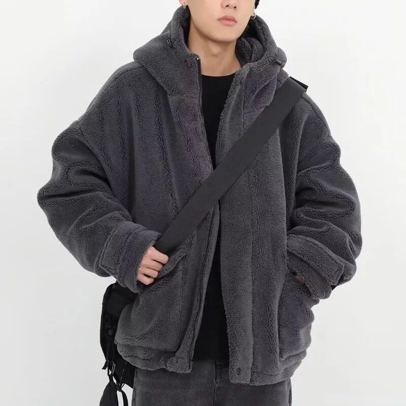 sanyamk Winter Thick Warm Oversized Dark Grey Sherpa Jackets Autumn Men Hoodie Zip Up Fluffy Loose Casual Faux Lamb Fur Male Coat