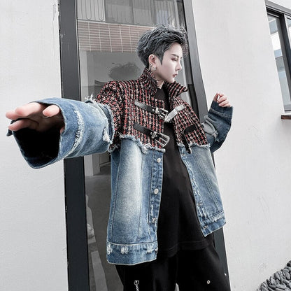 sanyamk Men Plaid Wool Denim Patchwork Streetwear Fashion Loose Casual Vintage Fashion Jacket Male Women Hip Hop Coat Outerwear