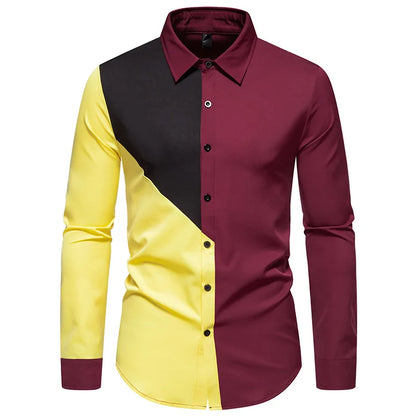 BONSIR  -  Autumn Foreign Trade New Men's Polo Collar Colored Long Sleeved Shirt European Casual Splicing Large Men's Shirt