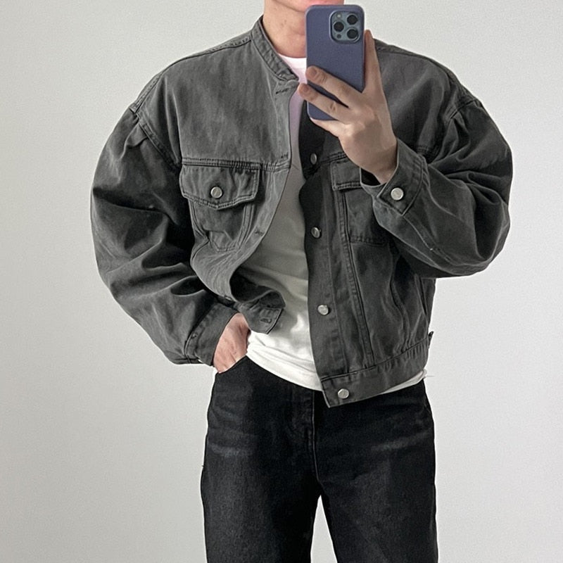 sanyamk Spring Short Denim Jacket Men Slim Fit Fashion Casual Pocket Denim Jackets Mens Streetwear Korean Hip-hop Bomber Jacket Men