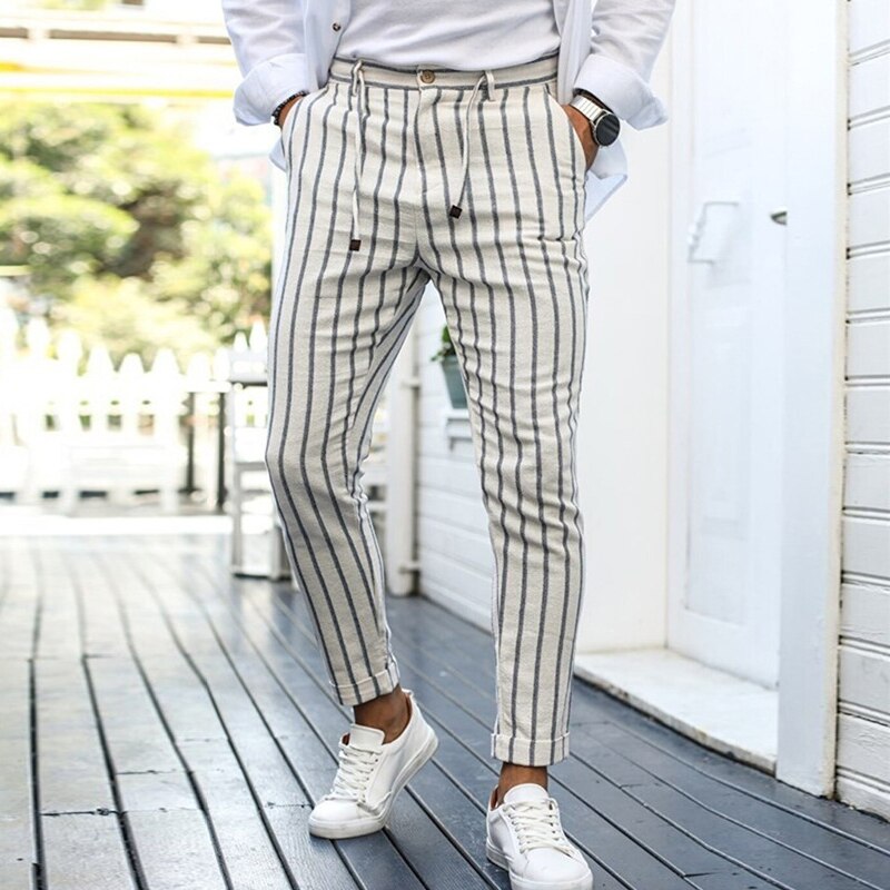 Bonsir Vintage Striped Printing Pencil Pants Men Casual Slim Trousers Autumn Fashion Drawstring Tie-up Waist Long Pant Mens Streetwear