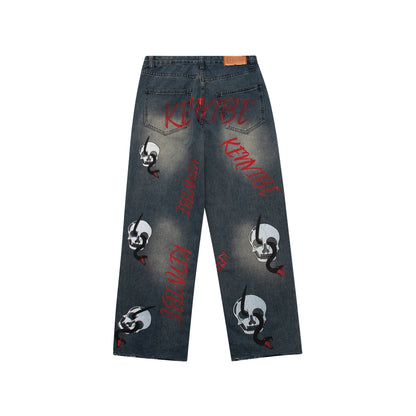 Bonsir Vibe Style Skull Letter Print Punk Men Baggy Jeans Pants Y2K Hombre Straight Loose Hip Hop Denim Trousers Pantalon Homme