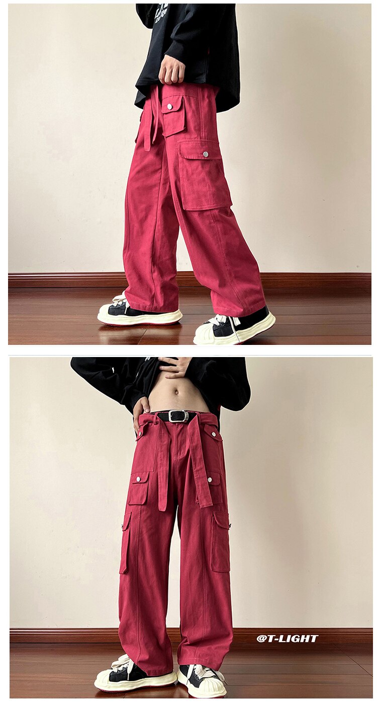 Bonsir High Street Casual Multi-pockets Overalls Men's and Women's New Autumn Cargo Pants Loose Straight Wide Leg Pants With Belt