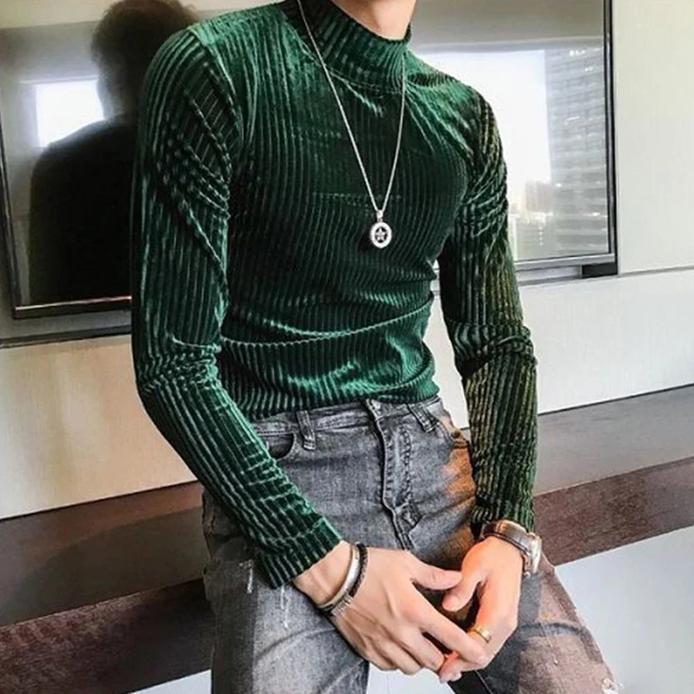 sanyamk Velvet Turtleneck T-Shirt 2023 Spring Fall Slim Striped Casual Tops Men Long Sleeve Tight Tee Shirts Club Costume Camiseta Homme