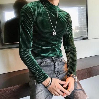 sanyamk Velvet Turtleneck T-Shirt 2023 Spring Fall Slim Striped Casual Tops Men Long Sleeve Tight Tee Shirts Club Costume Camiseta Homme