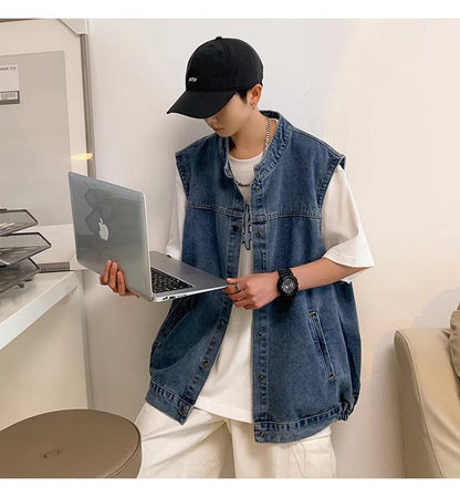 Bonsir Denim Sleeveless Jacket Men Fashion Oversized Harajuku Denim Jeans Casual Jeans Waistcoat Cowboy Hip Hop Streetwear Clothing