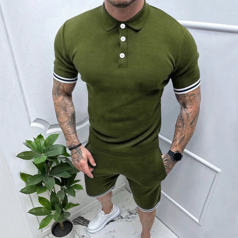 sanyamk  -  2024 Spring Summer Fashion Two Piece Suits Mens Short Sleeve Patchwork Polo Shirts And Shorts Sets For Men New Casual Outfits