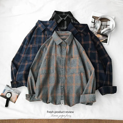 sanyamk New Men's Clothing Shirt Long Sleeve Square Collar Spring Autumn Loose Fashion Casual Plaid All-match Button Tops